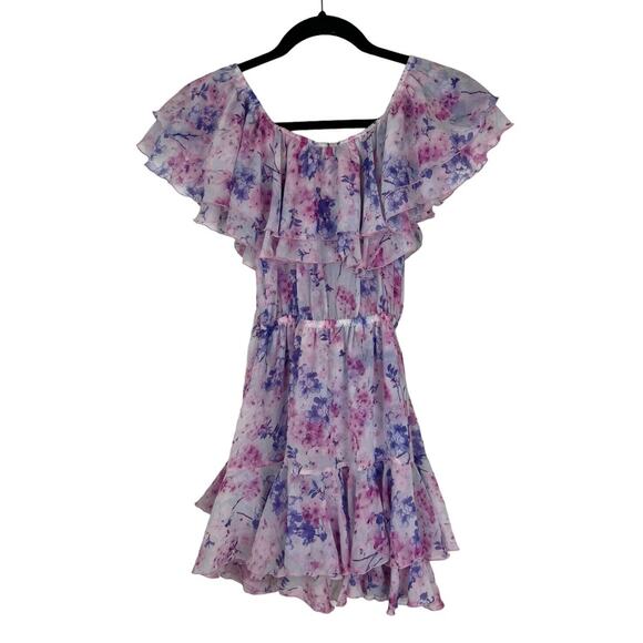 Cari Capri Floral Print Barbados Mini Dress Size XS Ruffle Purple Off Shoulder - Picture 2 of 9